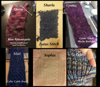 Knitting projects from Qusay, Sharla, Cynthia, Matt, Sophia, and Camille